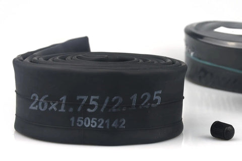 Heavy Duty 26 Inch Bike Tube Set 26x1.75, 26x1.95, 26x2.10, 26x2.125 with Schrader valve and tire lever visible