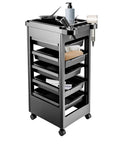 Professional 5 Tray Salon Rolling Cart With Smooth Gliding Wheels And Heaps Of Storage Space For Hair Stylists, black color, five organized drawers.