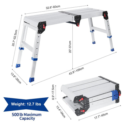 Beefy Foldable Aluminum Work Platform With 500 Lb Capacity Non Slip Surface Adjustable Height Heavy Duty Portable Step Ladder For Home Garage And Pro Jobs, folded and open with dimensions