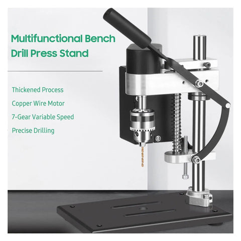 Compact 8000 Rpm Mini Electric Bench Drill Press Stand Kit With 7 Gear Variable Speed Control For Wood Plastic Metal Acrylic, detailed view of copper motor and drill setup.