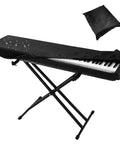 Black stretchy 88 key digital piano dust cover protects your keyboard from dust and spills water resistant snug fit. Includes storage bag.