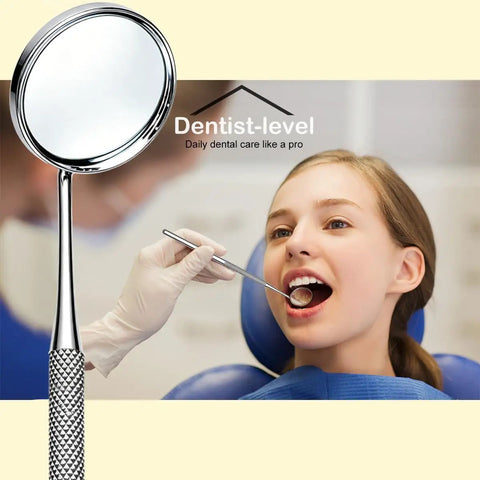 Durable Stainless Steel Dental Mirror for At Home Teeth Cleaning and Mouth Inspection, curved head examining a patient's mouth
