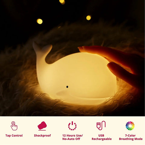 Under The Sea Nursery Night Light Whale Lamp For Baby And Toddler Room soft silicone whale nightlight glowing in dark room