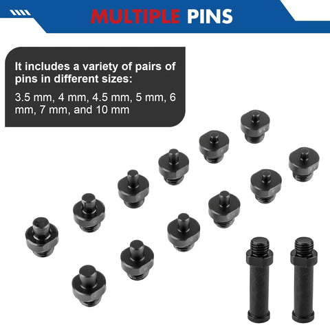 Jiimee 15-piece pulley holder toolkit, front view; black pins in 3.5–10 mm sizes with two 1/2in drive bolts
