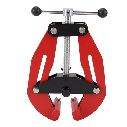 Heavy Duty Adjustable Pipe Alignment Clamp With Quick Acting Dual Handle Screws For Precise Welding And Perfect Fit On 2 To 6 Inch Pipes, red and black design.