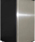 Top Tier Full Size Upright Freezer With Single Tempered Glass Door and No Sweat Temperature Knobs, stainless steel front.