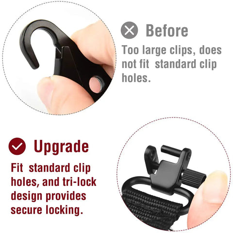 Comparison of clip styles for Shotgun Sling With 15 Shell Holder for 12 Gauge, showing old and upgraded versions with fit details