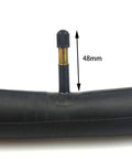 Close-up of 2 Pack 700x35-43c Road Bike Inner Tubes With 48mm Schrader Valve Premium Butyl, valve detail shown.