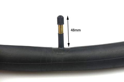 Close-up of 2 Pack 700x35-43c Road Bike Inner Tubes With 48mm Schrader Valve Premium Butyl, valve detail shown.