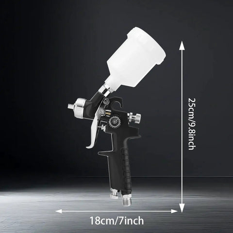 Mini HVLP Spray Gun With Precision Nozzles For Auto Touch Up Painting And Detailing, compact size, black body, clear reservoir.