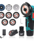 3 Inch Mini Cordless Angle Grinder With Brushless Motor Delivers 19500 RPM For Quick Metal Polishing And Wood Cutting 12V Power Cut Off Tool Includes 2 Batteries And 8 Cutting Wheels Beast Portable Blue shown with accessories