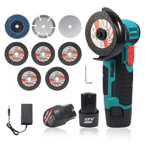 3 Inch Mini Cordless Angle Grinder With Brushless Motor Delivers 19500 RPM For Quick Metal Polishing And Wood Cutting 12V Power Cut Off Tool Includes 2 Batteries And 8 Cutting Wheels Beast Portable Blue shown with accessories