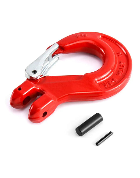 Three Eighths Inch Safety Clevis Slip Hook With Latch, 4400 Lb Working Load, Grade 80 Drop Forged Alloy Steel, red hook with pins