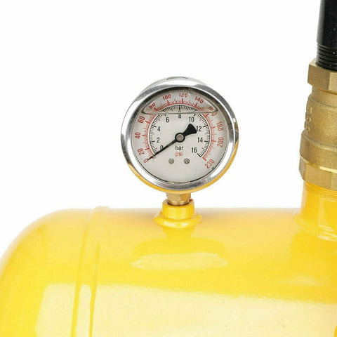 Close-up of gauge on 5 Gallon Air Tire Bead Seater Blaster Tool With Gauge 145 PSI For Cars Trucks ATVs And Heavy Duty Rims Up To 24 And A Half Inch Quick Inflate To Seat Bead
