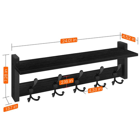 Coat Rack With Shelf And Tri Hooks Wall Mounted 24 Inch Wooden Hanging Coat Hanger For Entryway Bathroom Mudroom And Bedroom Black Finish