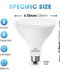 2 Pack LED PAR38 Dusk To Dawn Flood Light Bulb, 20W, E26 Base, 5000K Daylight, 1800 Lumens, dimensions labeled on image.