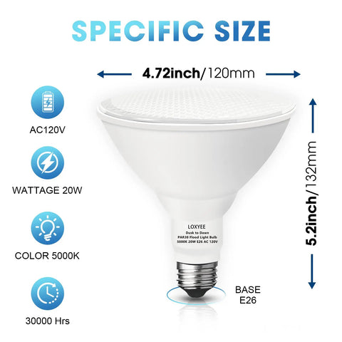 2 Pack LED PAR38 Dusk To Dawn Flood Light Bulb, 20W, E26 Base, 5000K Daylight, 1800 Lumens, dimensions labeled on image.