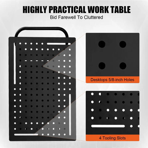 Heavy Duty Rolling Welding Cart With Spacious 36 By 24 Inch Steel Workbench On Wheels showing practical black tabletop with holes and slots for organization.