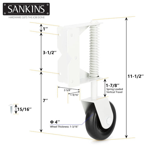 Rock Solid Heavy Duty Gate Wheel Caster With Four Inch Swivel Design in white with spring for gate support dimensions shown.