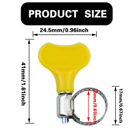 Close-up of stainless steel adjustable hose clamp with yellow grip, showing dimensions of 16mm x 17mm for precise fitting.