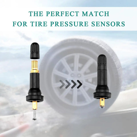 Four Pack TPMS 20008 Tire Valve Stems With Rubber Airtight Seal For Pressure Sensors Snap In Tubeless Replacement Fits Most Standard Auto Tires Car Accessories shown in detail.