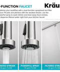 3-function Heavy Duty Stainless Steel Pull Down Kitchen Faucet With Built In Water Filter showcasing aerated stream, powerful spray and filtered stream.