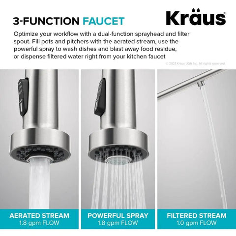 3-function Heavy Duty Stainless Steel Pull Down Kitchen Faucet With Built In Water Filter showcasing aerated stream, powerful spray and filtered stream.