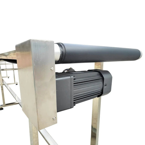 Close-up of PVC Flat Belt Conveyor With Stainless Steel Body 177 By 15.7 Inch Industrial Transport Conveyor 110V 370W motor
