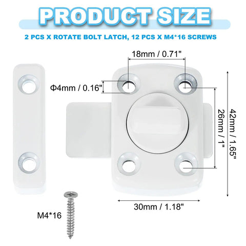 Premium White Rotate Bolt Latch Set Heavy Duty Zinc Alloy Cabinet Locks With Slick Swivel Mechanism And No Sweat Install For Closets Wardrobes Gates And Shed Panels Dimensions and screws