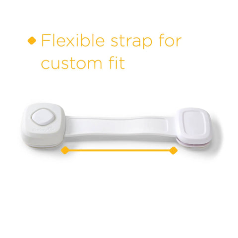 OutSmart Multi Use Lock 2 Pack White Easy No Drill Installation Pivots When Not In Use Decoy Button Tricks Curious Kids Hidden Functional Buttons Flexible Strap For A Custom Fit Cabinets Drawers And More