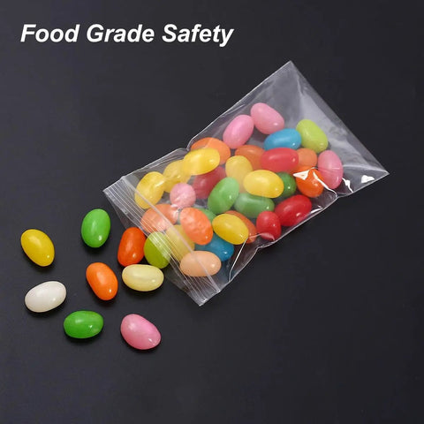 300 Clear Mini Plastic Baggies Two Point Two By Three Inch Reclosable Bags with multicolored jelly beans inside