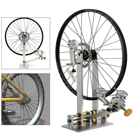 Beefed Up Bicycle Wheel Truing Stand With CNC Adjustment Nut And Three Precision Gauges For 10 To 29 Inch Wheels shown with wheel