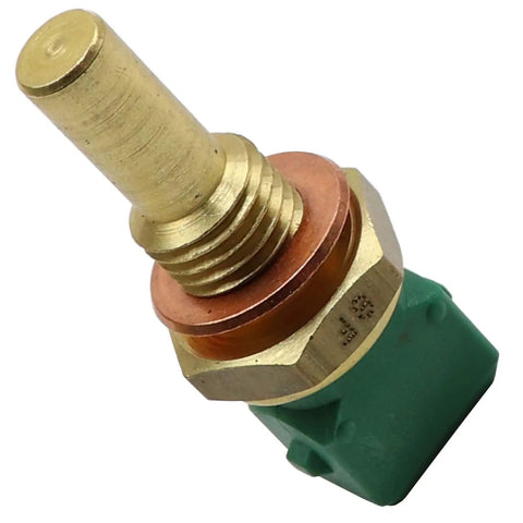 Top Shelf Heavy Duty Coolant Temperature Sensor Direct Replacement OE Spec Engine Cooling System Monitor Rock Solid Plug And Play Ecu Communication 158-0134 close-up view of sensor with brass fitting and green connector