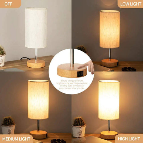 Two Pack Bedside Lamps With USB Port Touch Control 3 Way Dimmable Nightstand Lights Wood Base Round Flaxen Fabric Shade in different light settings