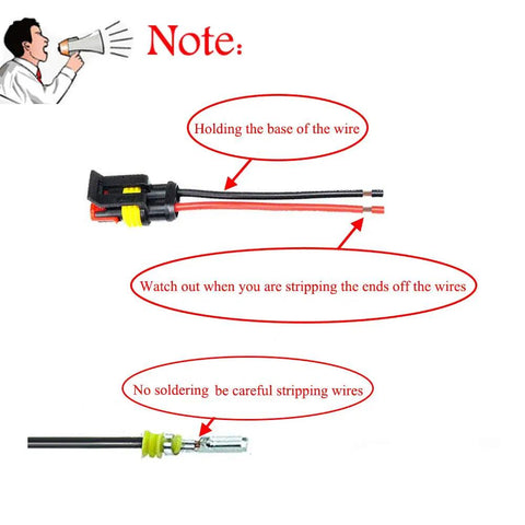 Diagram showing the Waterproof 2 Pin 16 AWG Electrical Connector Kit for safe wire stripping and installation.