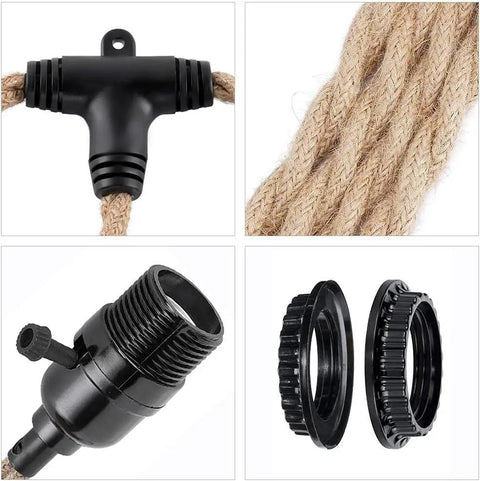 Three Light Plug In Pendant Fixture Built Different Hemp Rope Wire Hanging Lamp Fly Setup For Kitchen Island Living Room Decor Lowkey Modern Vibe Safe UL Certified Sockets Long Reach Cord components black socket and twisted hemp rope pieces