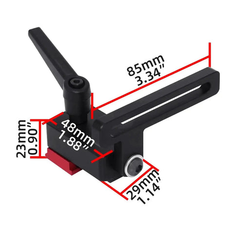 Solid Aluminum Miter Track Stop For Workbenches Featuring A Swift T Slot Flip Lever And A Slick Sliding Fence Limiter, size and measurements shown.