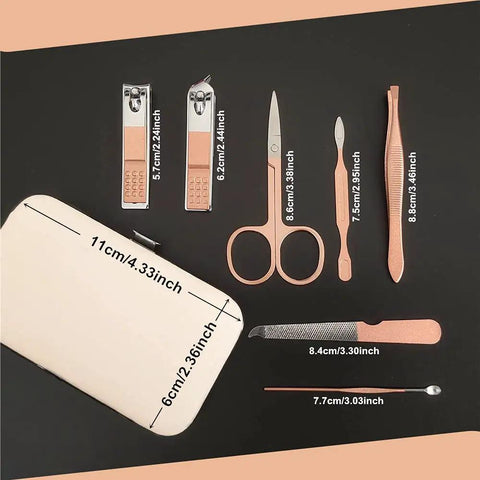 7 Piece Manicure Set With Stainless Steel Tools In Rose Gold Case, Portable Travel Nail Clipper Kit for nails and feet on display