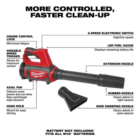 Image of 12V Cordless Compact Spot Blower Tool Only Chrome Finish showing detachable nozzles and features diagram for quick cleanup.