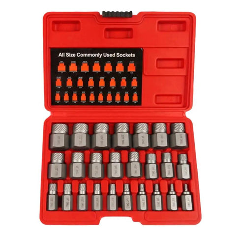 Rock Solid 25PC British System Screw Extractor Kit Made From Tough Molybdenum Steel For Torquing Stubborn Hex Bolts And Studs On Classic UK Spec Cars open case with M3-M12 sockets