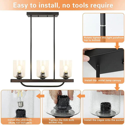 Three Light Rustic Pendant Light Fixture With Glass Shade, Flush Mount Farmhouse Chandelier In Black For Kitchen Island And Dining Room, Adjustable Ceiling Light With E26 Base For Home And Restaurant