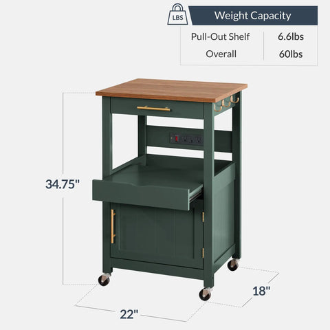 Rolling Kitchen Island Cart With Single Door Cabinet, Drawer, Sliding Tray, Built In Electrical Outlet, Forest Green