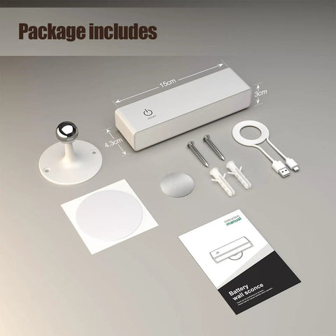 Package contents for Rechargeable LED Wall Sconce Cordless Battery Operated Bedside Reading Lamp with 4000mAh Battery.