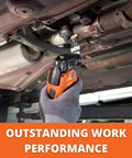 Starlock Plus Carbide Oscillating Saw Blade used under a vehicle for precise cutting tasks on metal and pipe fitting.