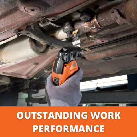 Starlock Plus Carbide Oscillating Saw Blade used under a vehicle for precise cutting tasks on metal and pipe fitting.