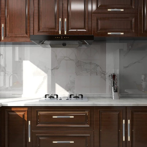 Modern kitchen with wooden cabinets featuring 12 Pack 3 Inch Barrel Cabinet Pulls Gold And Grey Aluminum Handles For Cabinets And Drawers.