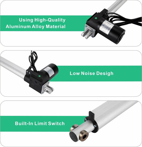 Heavy Duty DC 12V And 24V Linear Actuator Designed For Smooth Push Pull Motion, showcasing aluminum alloy material and built-in limit switch.