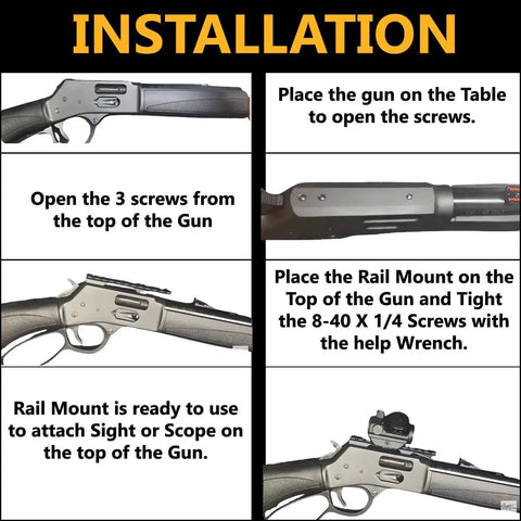 Installation guide for Four Inch Over Length Scope Picatinny Rail Mount For Henry Big Boy Rifles, includes screws and wrench.
