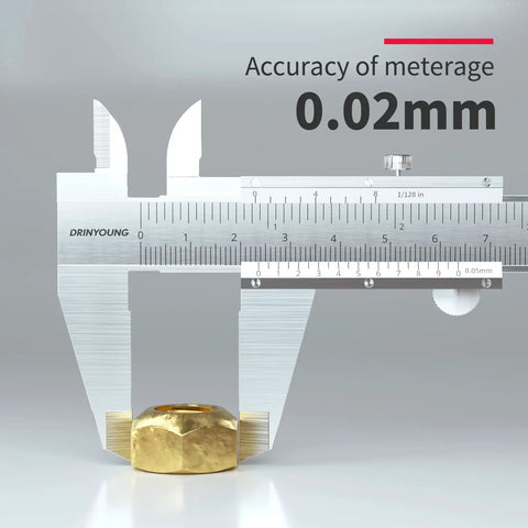 Vernier Caliper Dual Reading Scale 0-6 Inches And 0-150mm Metal Gauge Tool measuring a gold nut, high precision gauge.