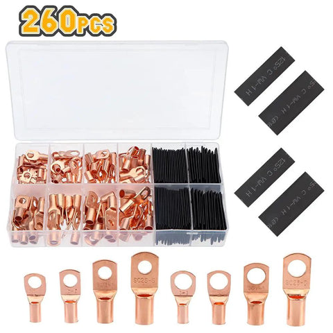Massive 260 Piece Heat Shrink Tube Kit With Copper Ring Terminals And AWG Wire Connectors Electric Crimp Assortment For Pro DIY Fixes. 260pcs kit with copper ring terminals and black heat shrink tubes in storage box